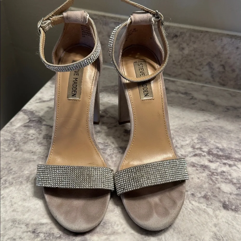 Steve Madden Leather/Textile Upper Rhinestone Block Heels Sandals Size 8